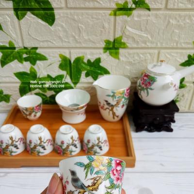 Bộ ấm chén Chim Hoa Mẫu Đơn 9 món - hàng sứ xương cao cấp